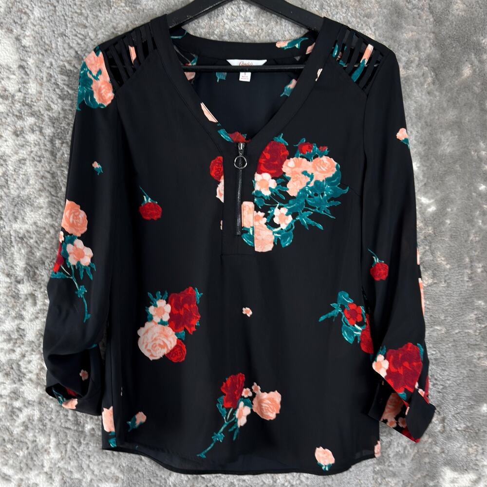 Candies Size S Dark Floral 1/4 Zip V Neck Top Black Pullover Casual